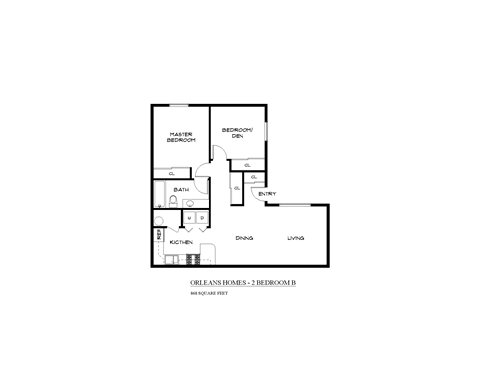 Floor plan for 2 beds, 1 bath, 868 sqft
